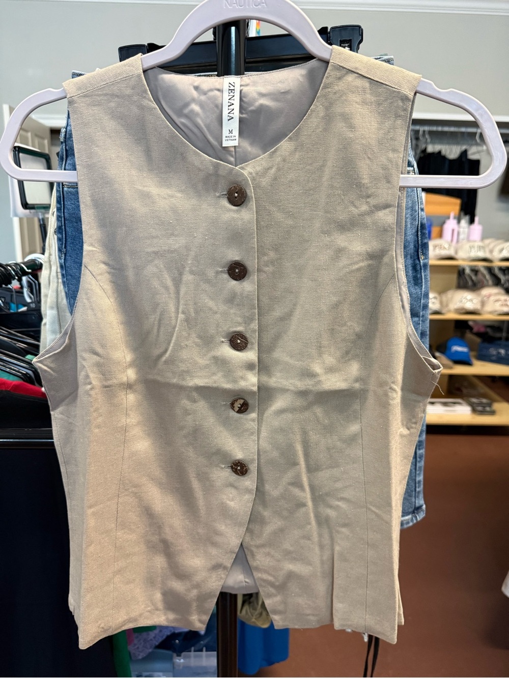 Zenana Outfitters Beige Button-Front Sleeveless Top